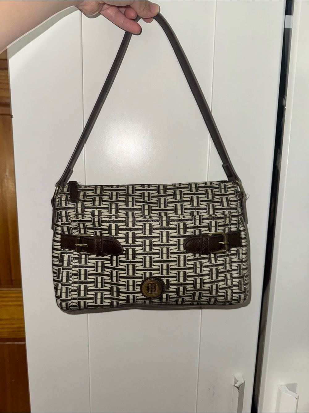 Tommy Hilfiger Cream and Brown Monogram Shoulder Bag